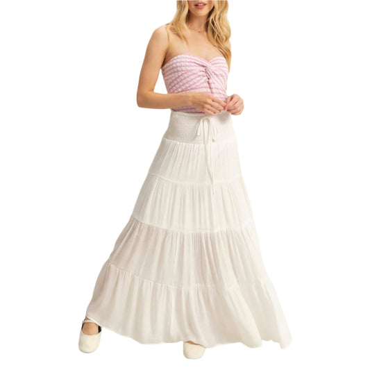 White Smocked Waist Tiered Maxi Skirt