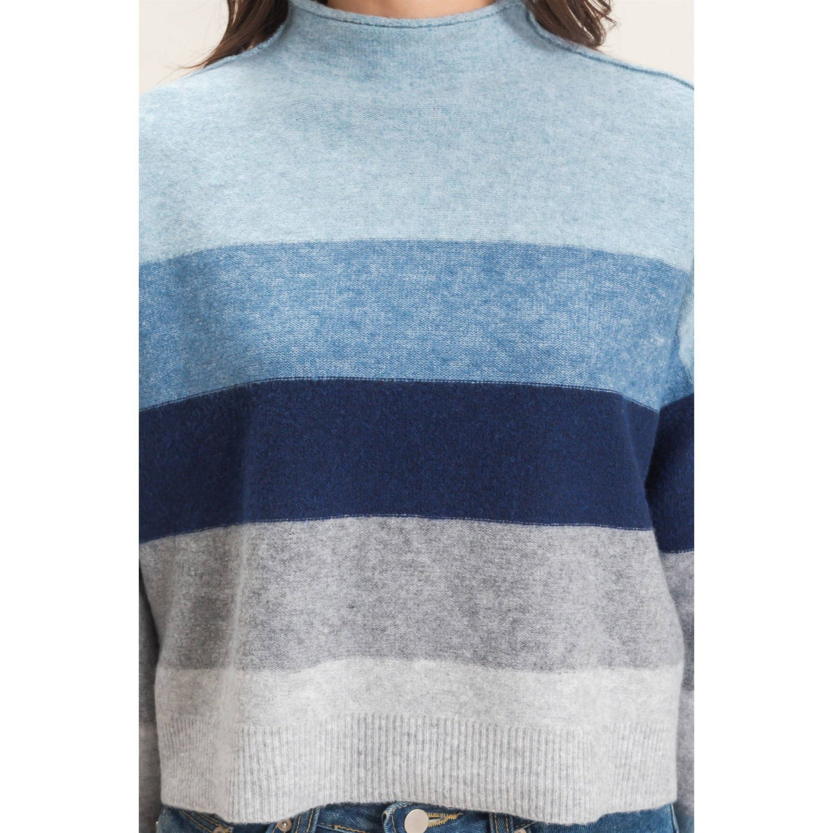 Blue Color Block Turtleneck Sweater