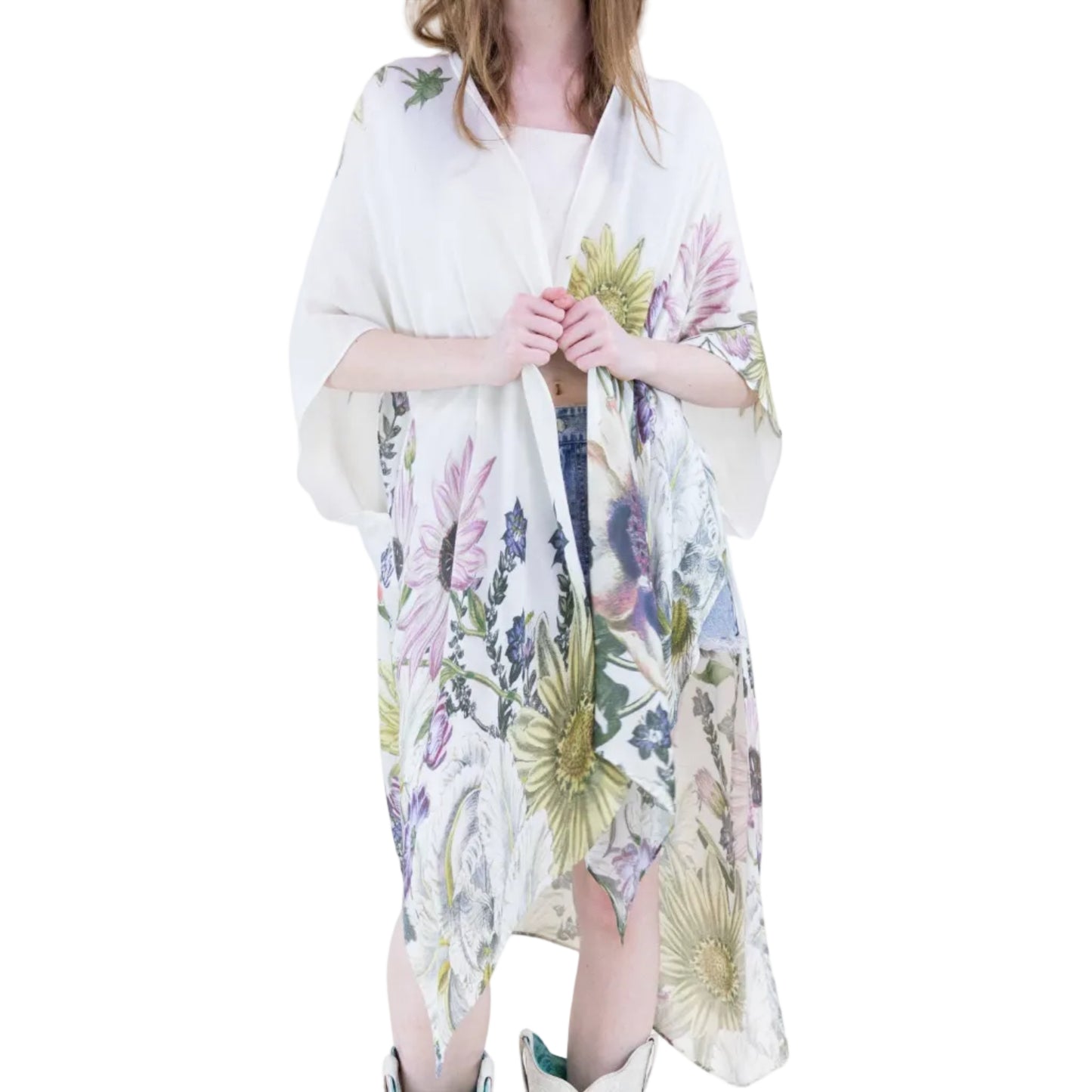 Woman wearing a floral kimono-style garment on a white background