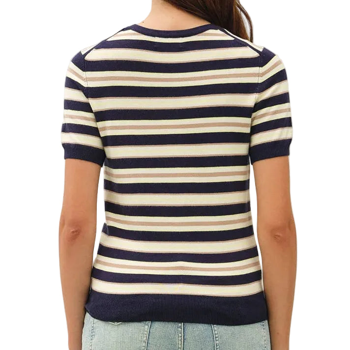 Person wearing a striped shirt and light blue jeans on a white background