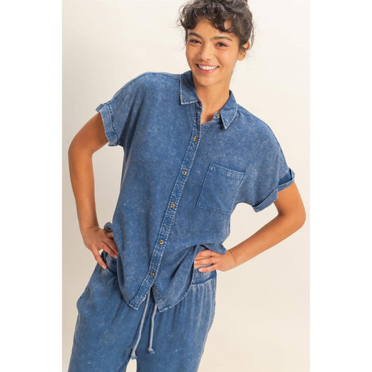 Navy Mineral Wash Button-Up Dolman Sleeve Shirt