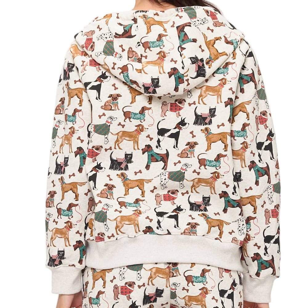 Person wearing a hoodie with a dog pattern on a white background