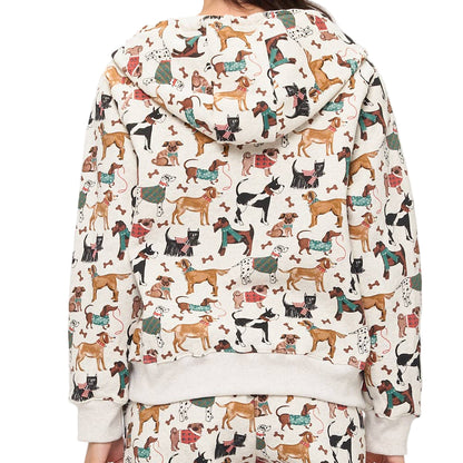 Person wearing a hoodie with a dog pattern on a white background