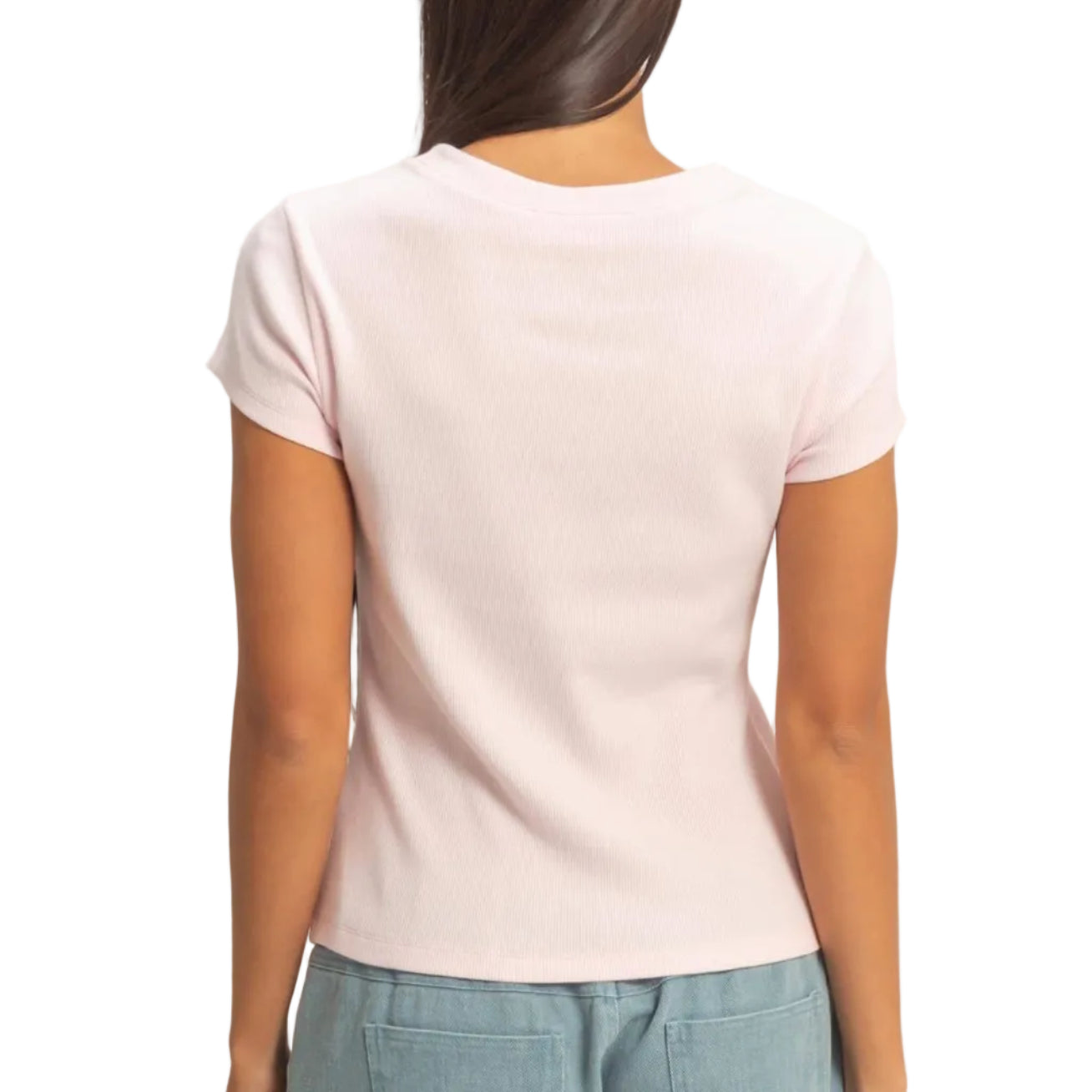 Person wearing a light pink t-shirt and light blue shorts on a plain background