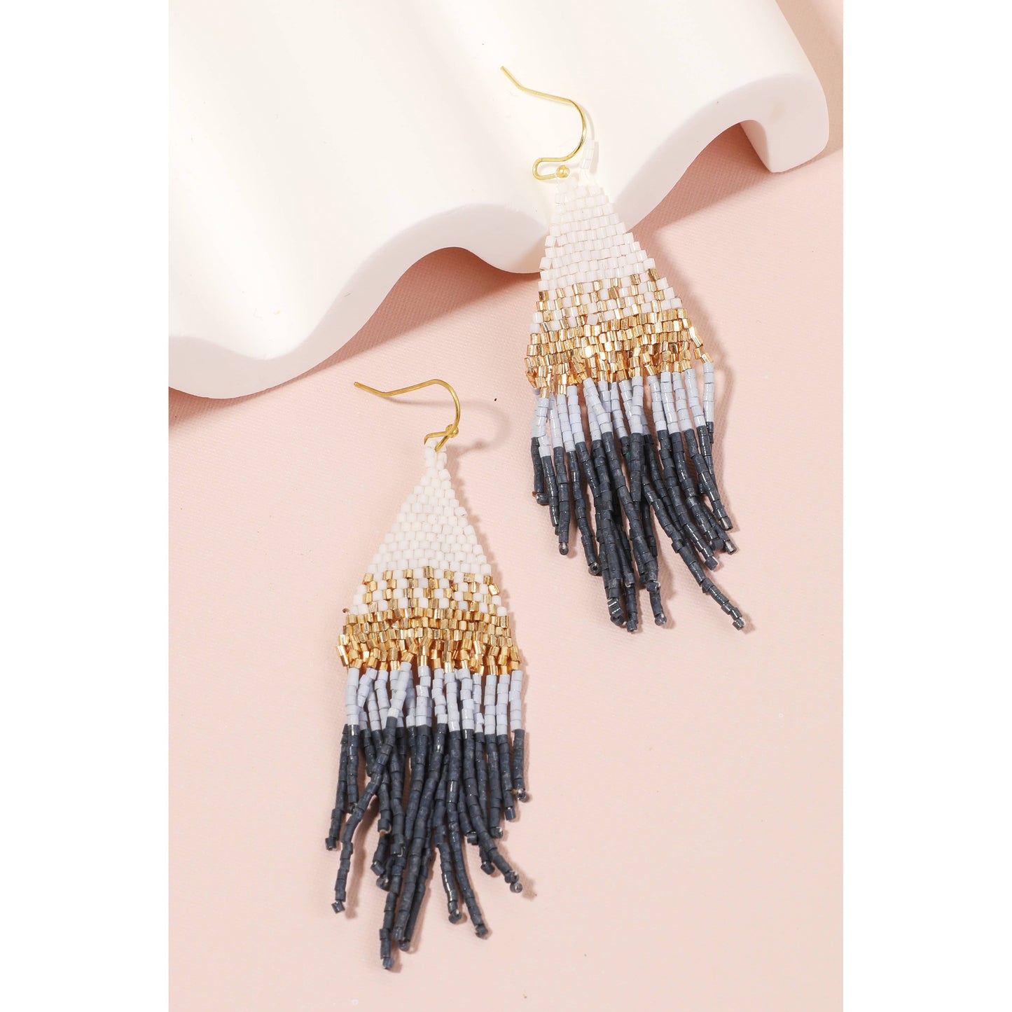 Seed Beaded Pattern Triangle Fringe Earrings