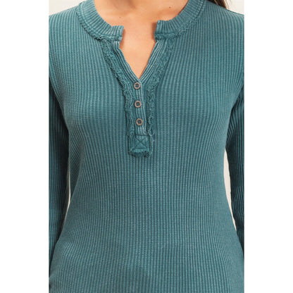 Dark Teal Mineral Wash Waffle Henley Long Sleeve Top