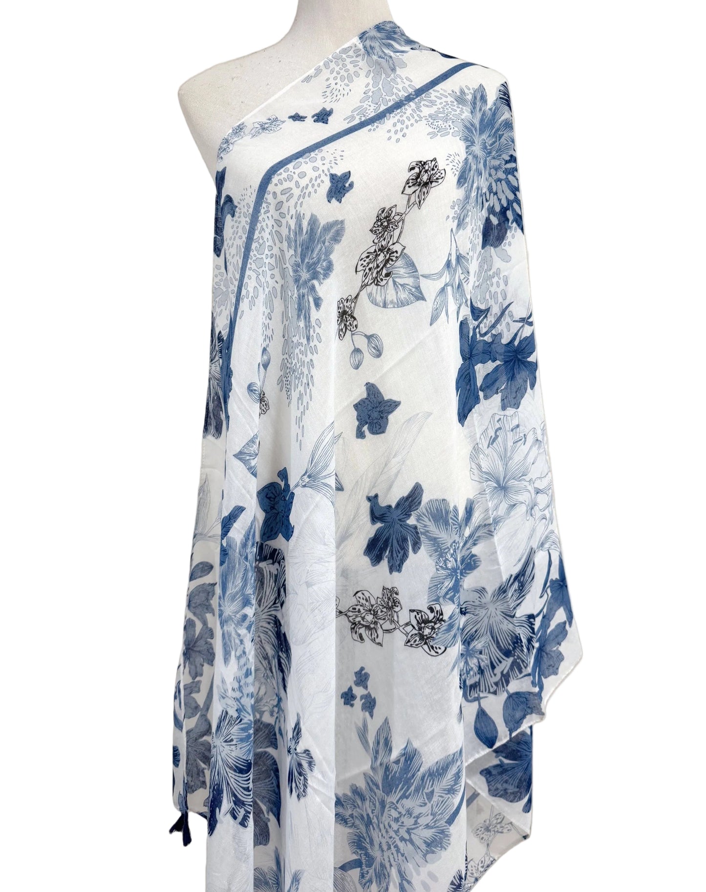 White-Blue Tassel-Detailed Watercolor Floral Scarf/Shawl