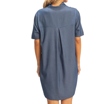 Woman wearing a blue dress against a plain background