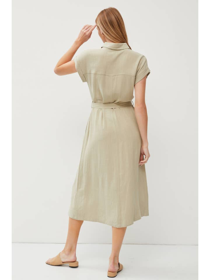 Short Rolled Sleeve Bow Midi Shirt Dress - Sage