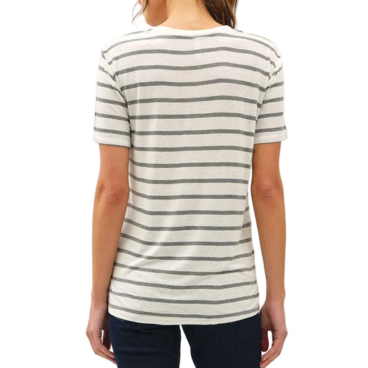Person wearing a striped shirt and dark jeans on a white background