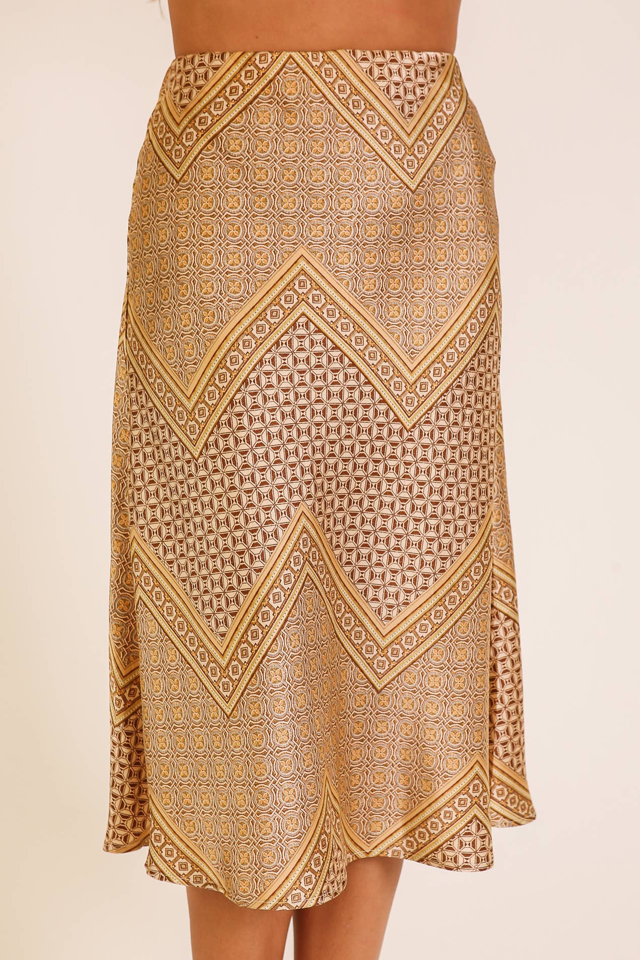 Gold Geo Print Satin Midi Skirt