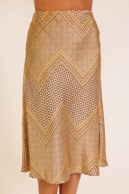 Gold Geo Print Satin Midi Skirt