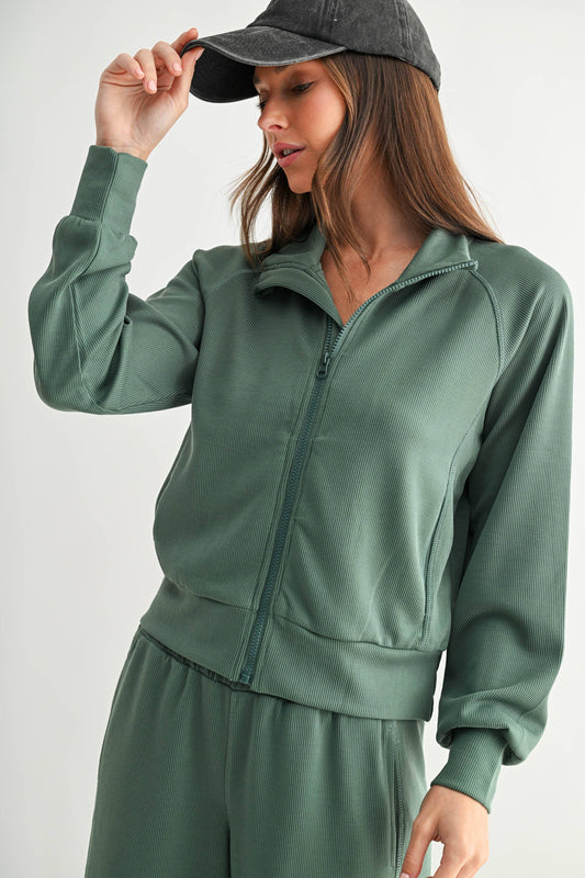 Luxe Sand Elder Green Wash Rib Zip Jacket