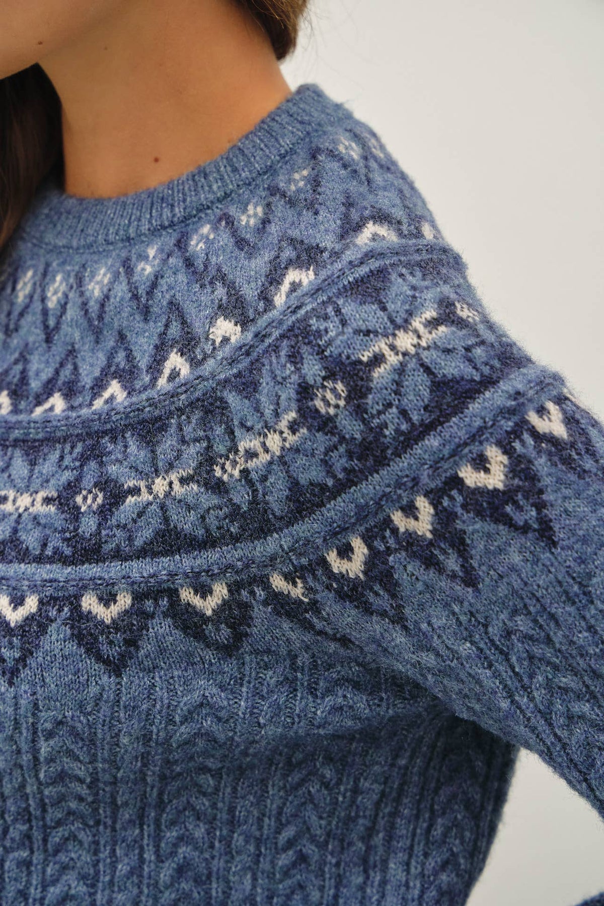 Swiss Blue Nordic Jacquard Crewneck Cable Sweater
