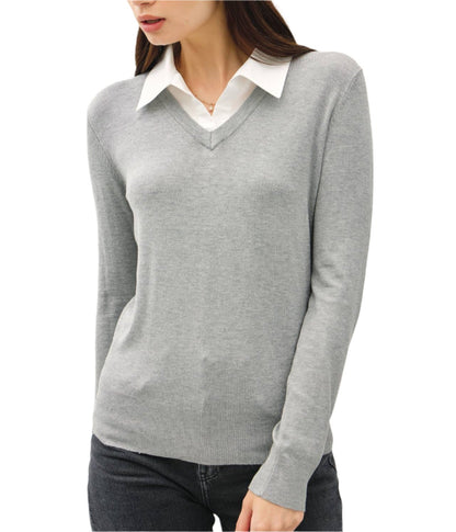 Preppy V-Neck Shirt Collar Sweater