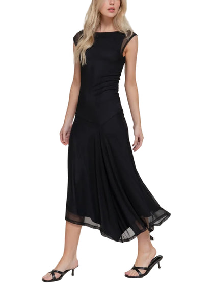 Black High Neck Asymmetric Gathered Mesh Midi Dress