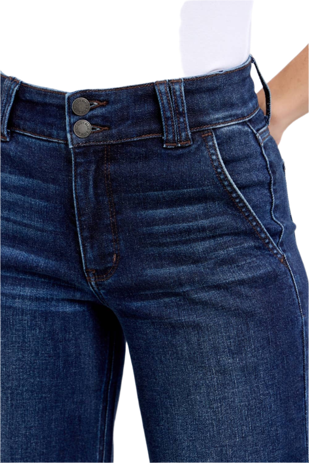 Close-up of blue jeans with a white background