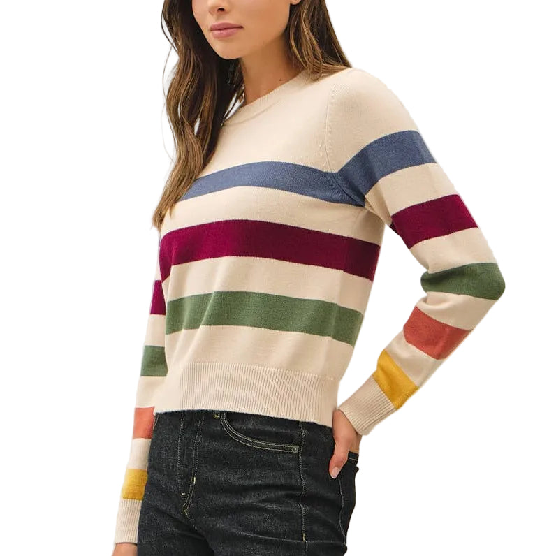 A woman modeling a cream knit sweater with horizontal stripes in blue, burgundy, green, yellow, and orange, paired with dark wash jeans and tan sneakers against a plain white studio background.