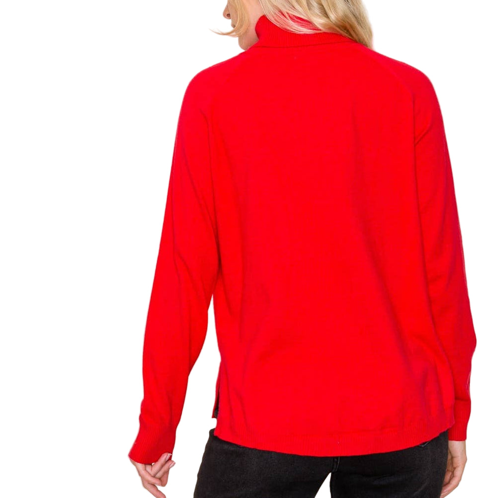 Person wearing a red long-sleeve shirt against a plain background