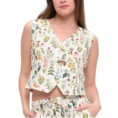 Woman wearing a floral outfit on a white background