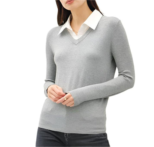 Preppy V-Neck Shirt Collar Sweater