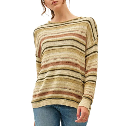 Woman wearing a striped sweater and jeans on a white background