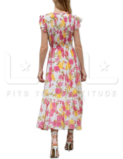 Floral Scoop Neck Smocked Midi Dress
