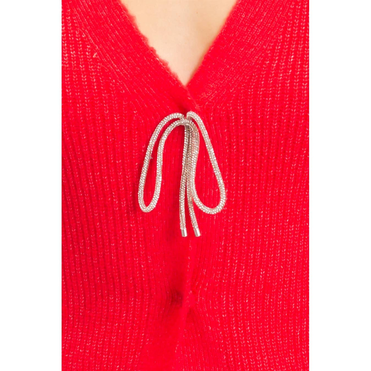 Red Rhinestone Bow Tie-Front Sweater