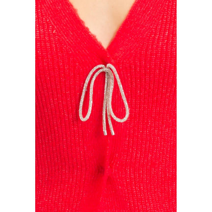 Red Rhinestone Bow Tie-Front Sweater