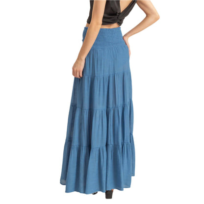 Denim Smocked Waist Tiered Maxi Skirt