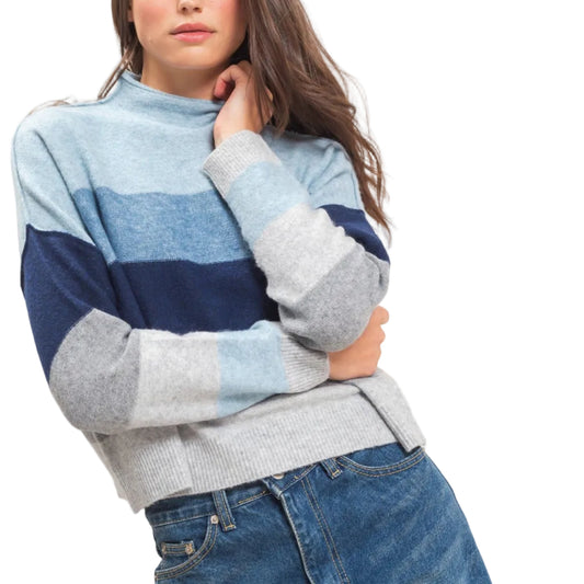 Blue Color Block Turtleneck Sweater