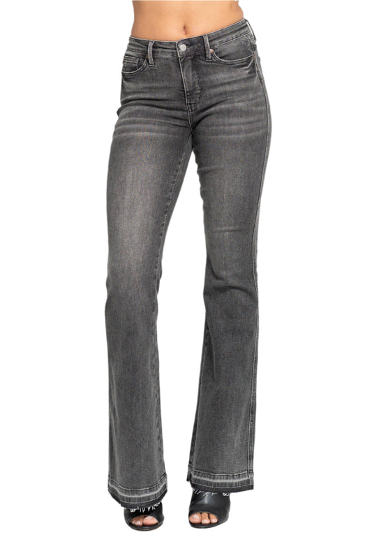 Gray flared jeans on a white background