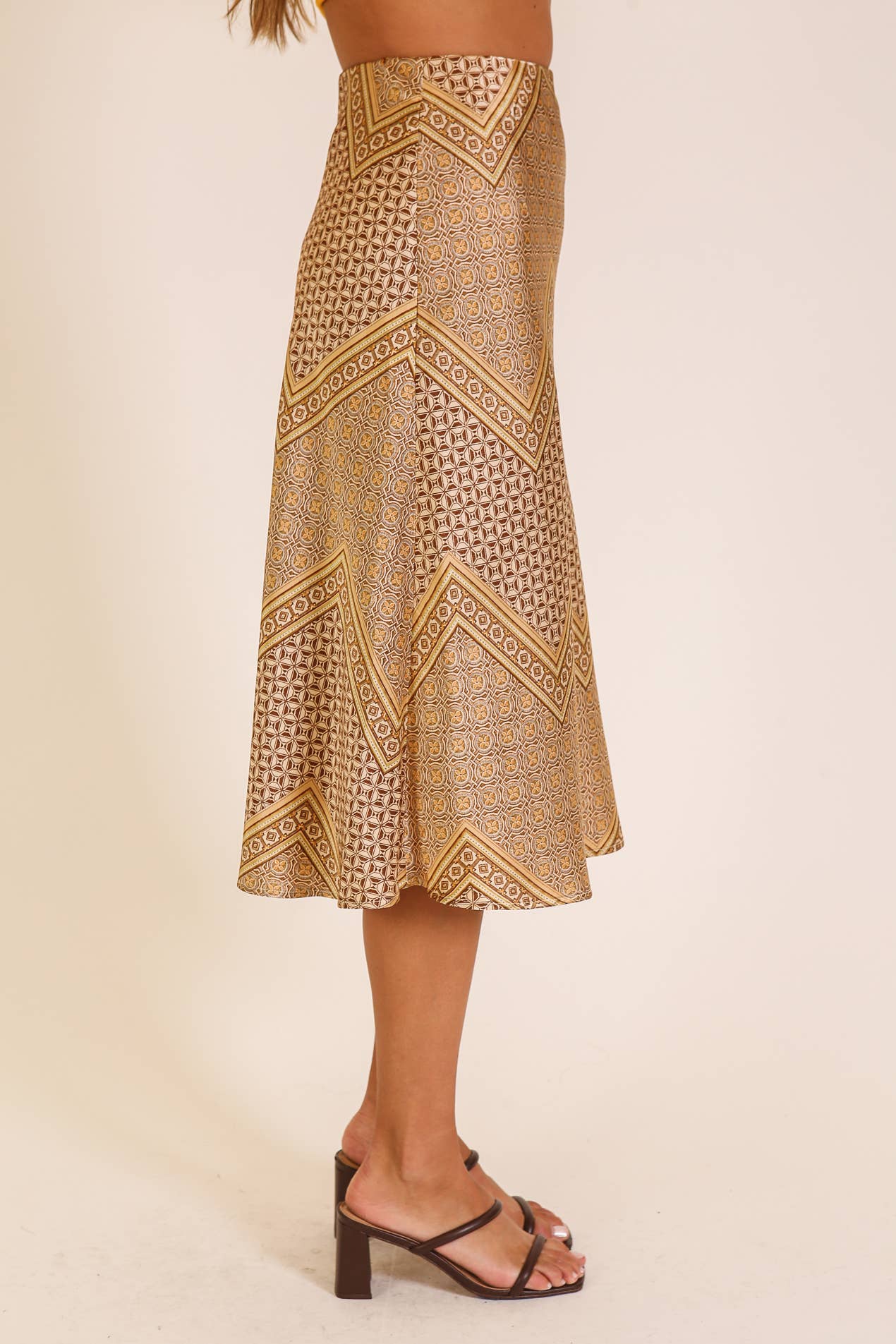 Gold Geo Print Satin Midi Skirt