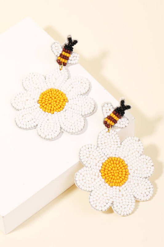 Bee And Flower Beaded Dangle Earrings