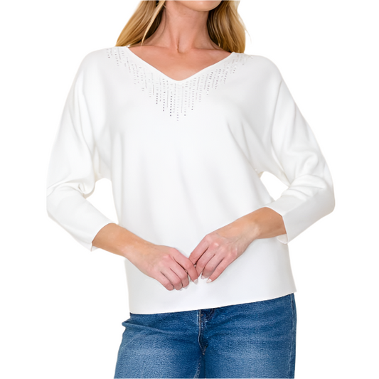 Rhine Stone V-Neck Dolman Sleeve Sweater ( Pre-Order)