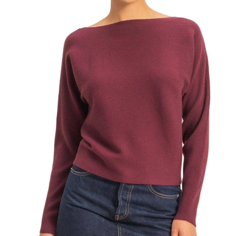 Dark Cherry Boat Neck Ribbed Sweater