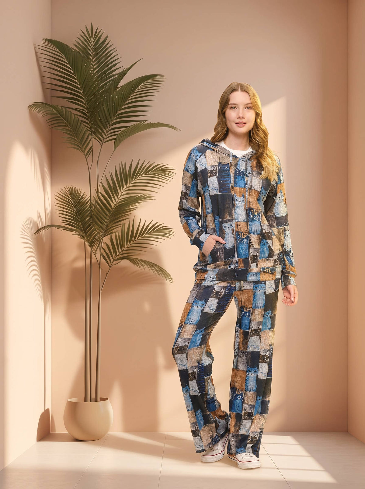 PATCHWORK CAT PRINT TUNIC HOODIE