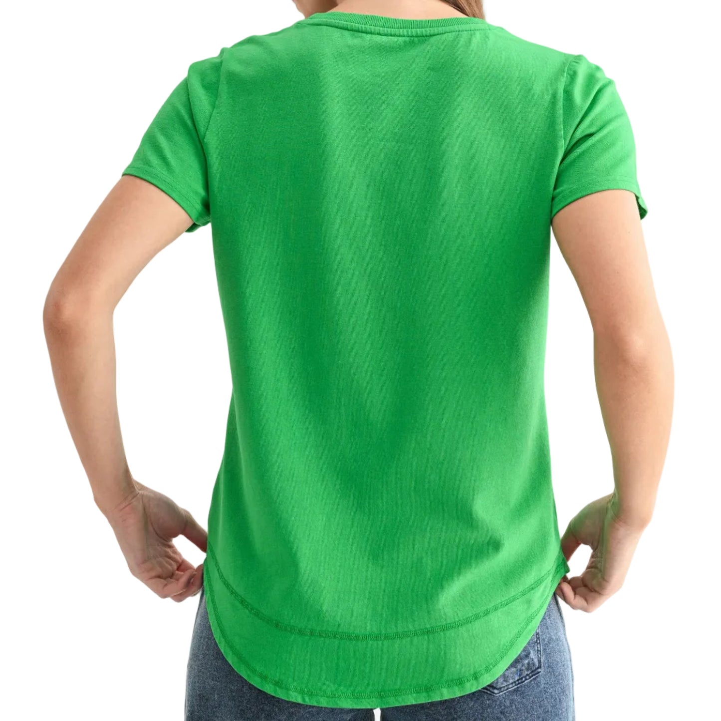 Person wearing a green t-shirt and blue jeans on a white background