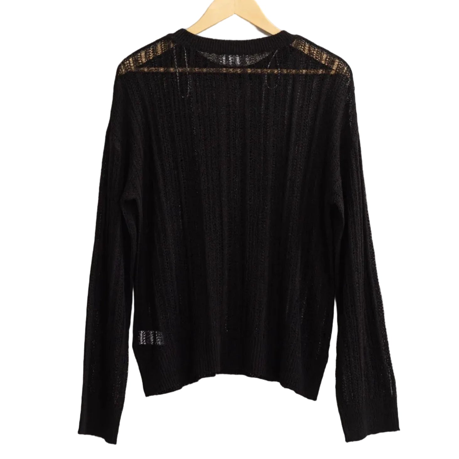 Black long-sleeve top on a hanger against a light gray background