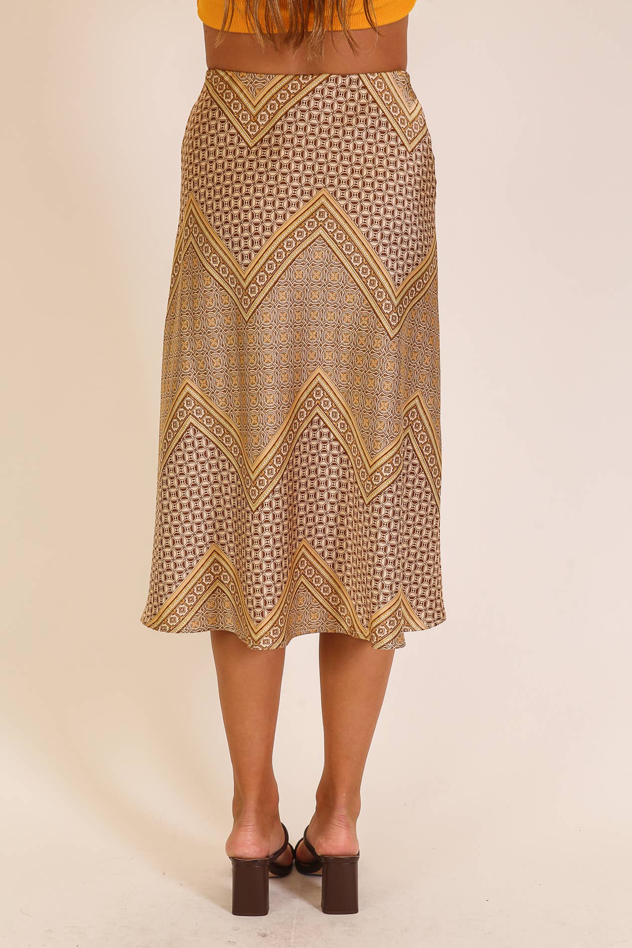 Gold Geo Print Satin Midi Skirt