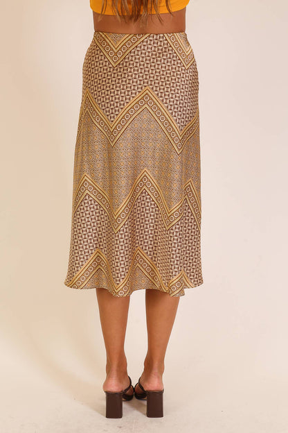 Gold Geo Print Satin Midi Skirt