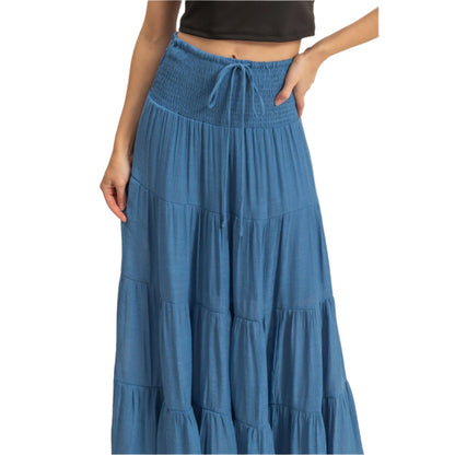 Denim Smocked Waist Tiered Maxi Skirt