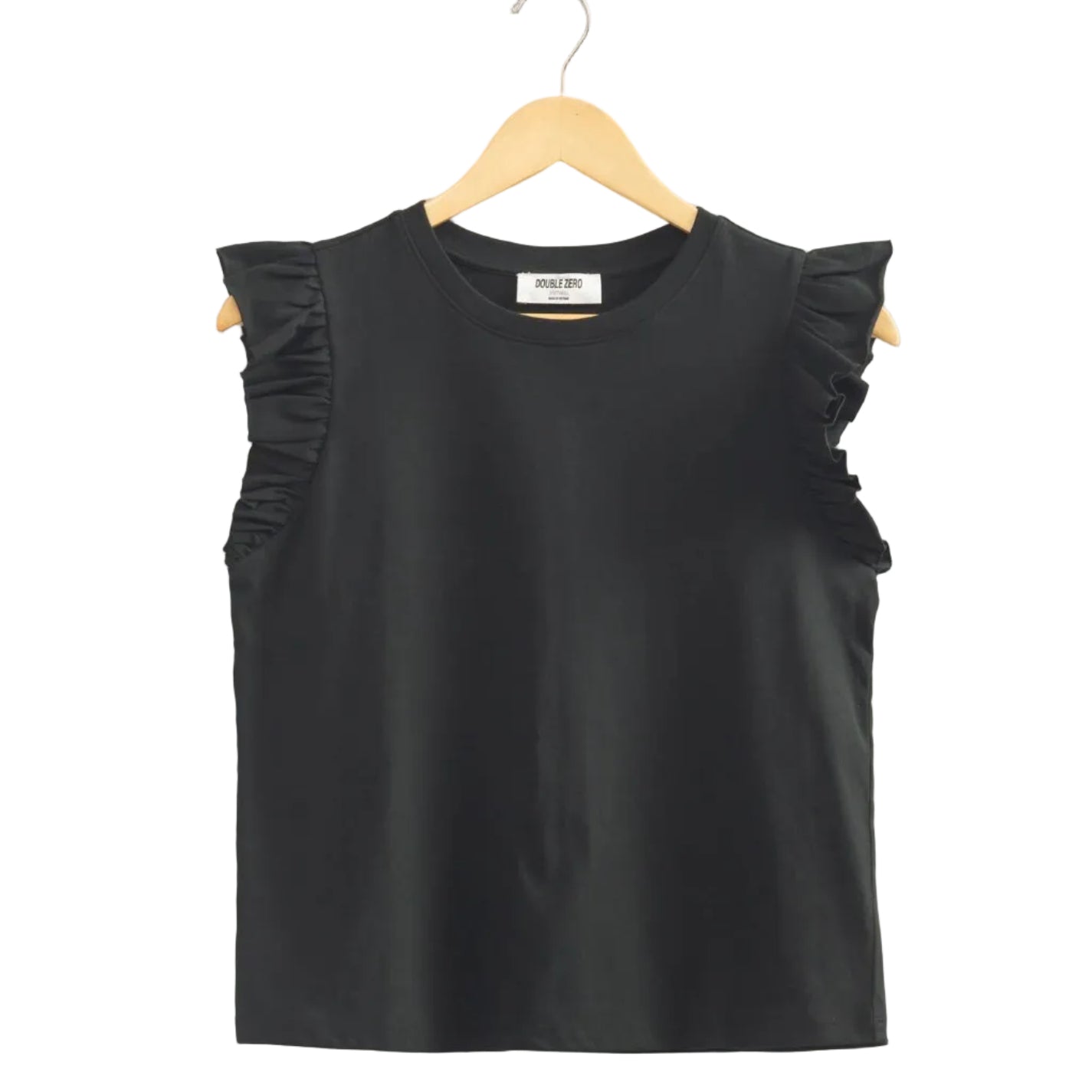 Black sleeveless top with ruffled shoulders on a hanger against a beige background