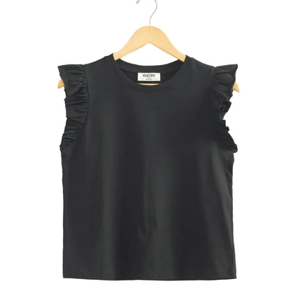 Black sleeveless top with ruffled shoulders on a hanger against a beige background