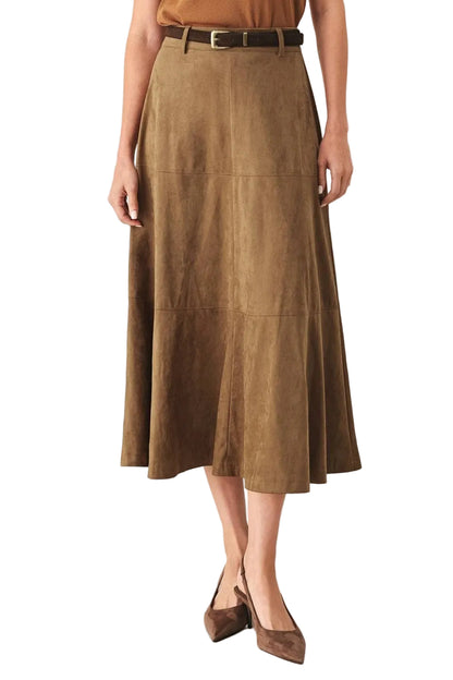 A brown suede midi skirt with a matching brown belt, worn by a model with a brown top and brown pointed-toe heels against a light gray studio background.