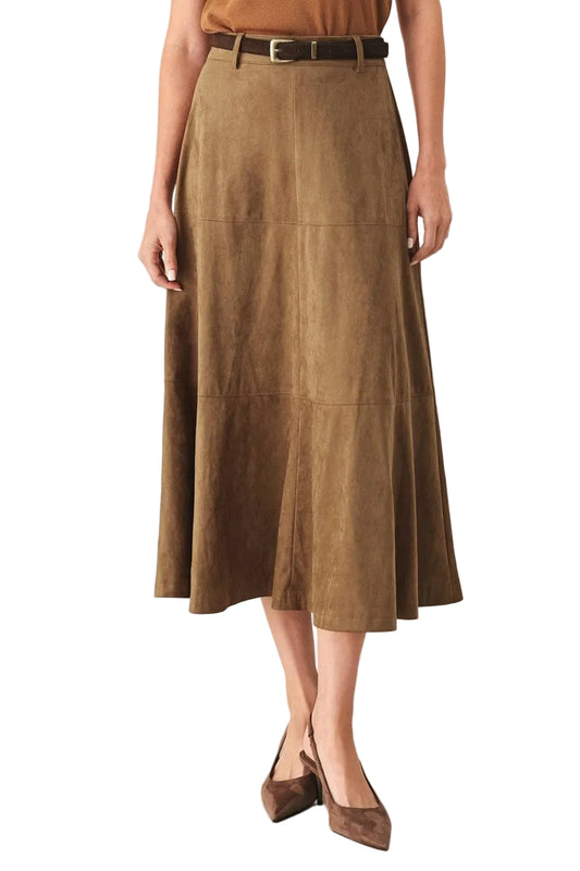 A brown suede midi skirt with a matching brown belt, worn by a model with a brown top and brown pointed-toe heels against a light gray studio background.
