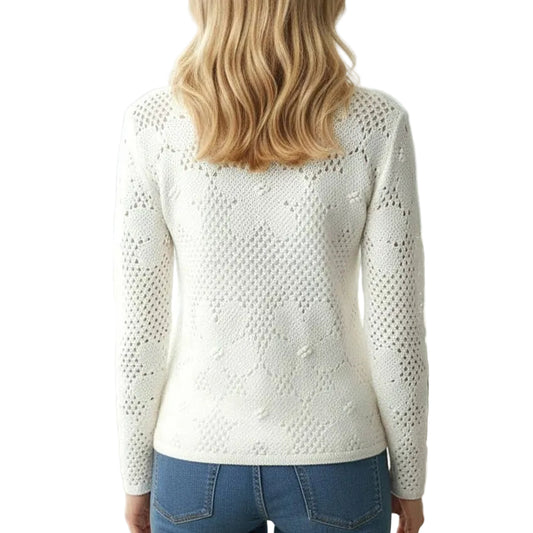 Woman wearing a white sweater with a cityscape in the background