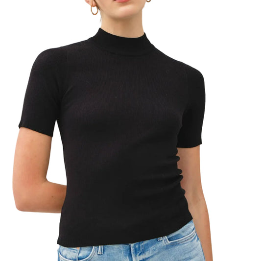 Black Ribbed Short Sleeve Mock Neck Sweater