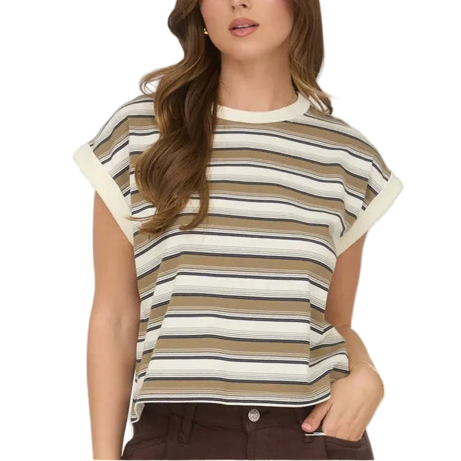Woman wearing a striped shirt and brown shorts on a white background