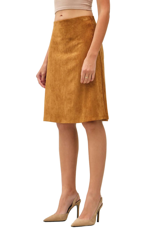Camel Faux Suede Knee-Length A-Line Skirt